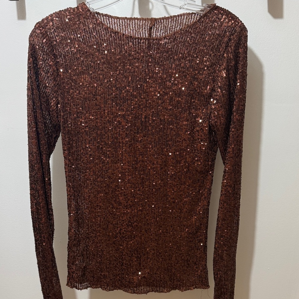 Free People Copper Sequin Long Sleeve Top